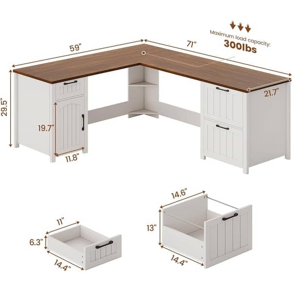 dimension image slide 24 of 30, Farmhouse Executive L Shaped Desk Home Office Desk with Drawers and Storage Cabinet & Power Outlet