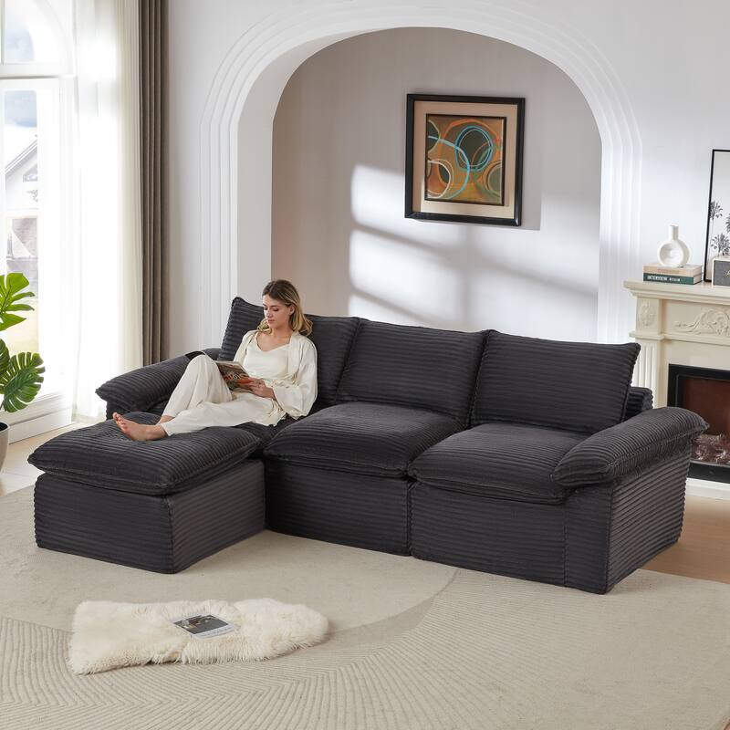 L Shaped Sectional Sofa with Ottoman, Oversized Corduroy Upholstered Cloud Sofa, High-Density Sponge 4 Seater Sofa