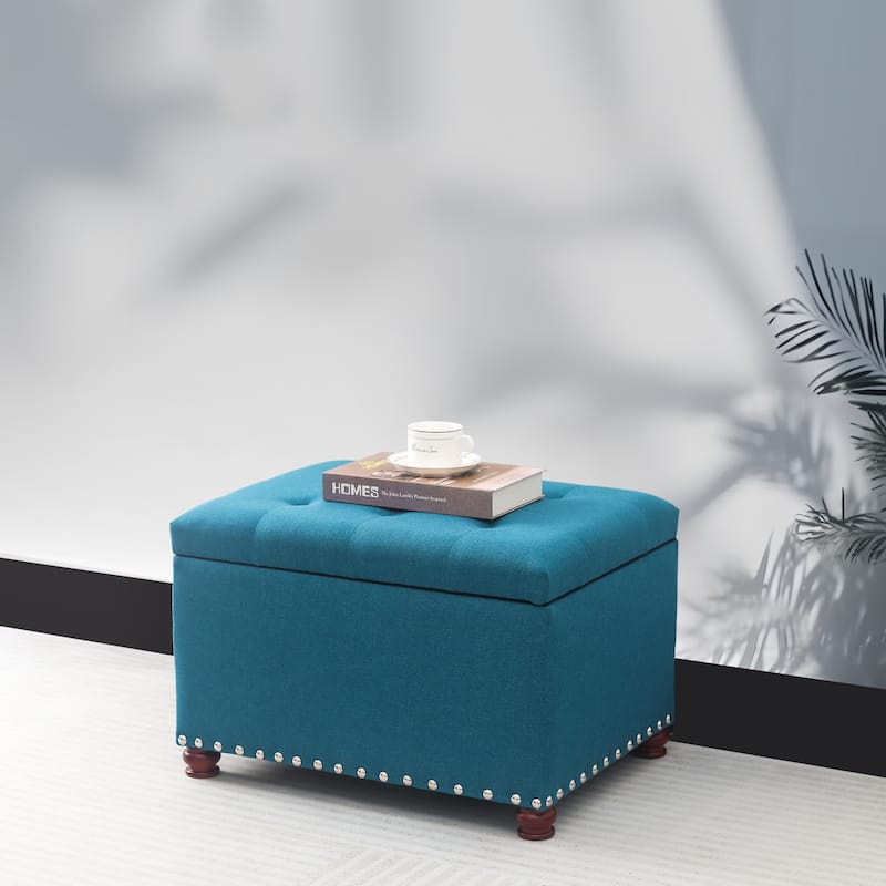 Adeco Storage Ottoman Tufted Linen Wood Bench with Nails