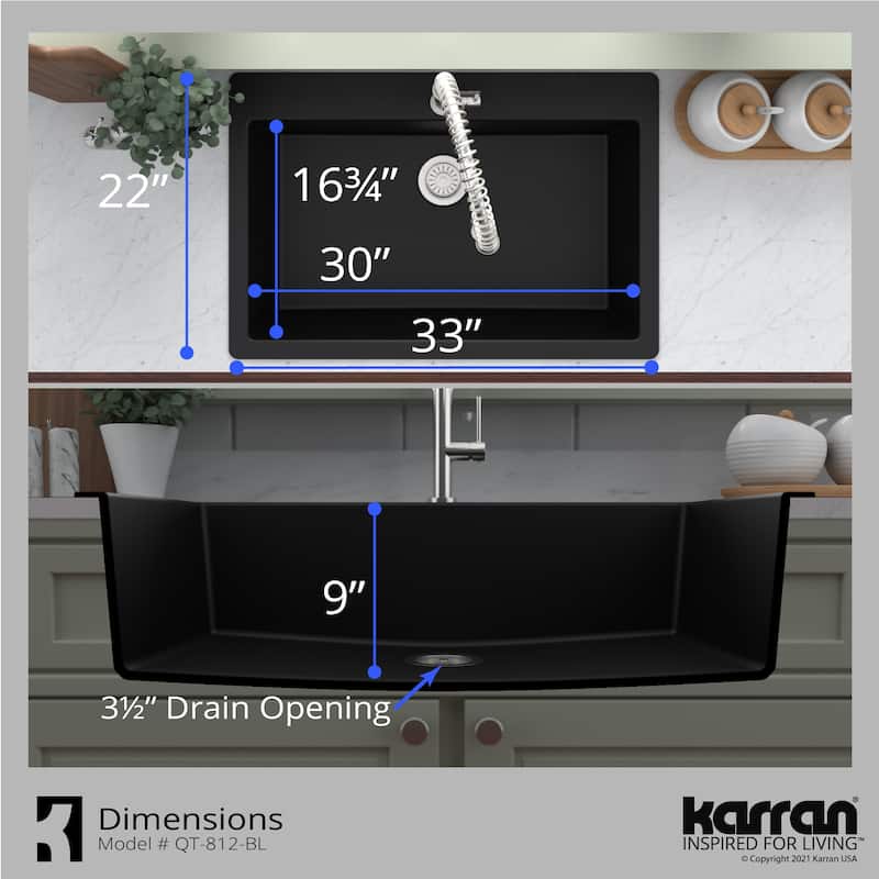 Karran QT-812 Top Mount 33 in. Large Single Bowl Quartz Kitchen Sink in Black With Kitchen Faucet in Matte Black