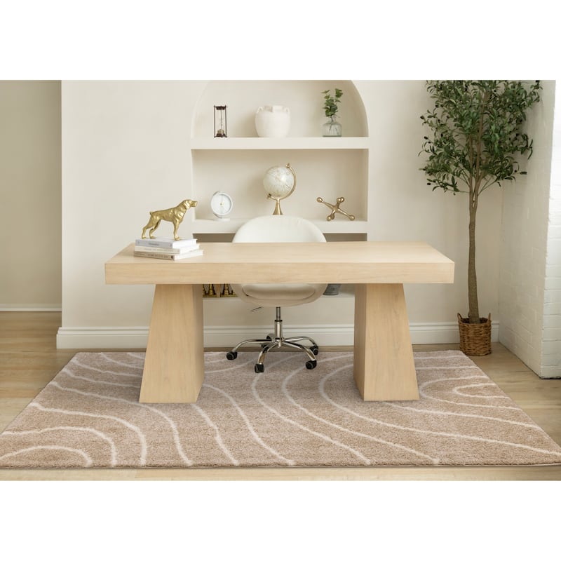 Taupe Cream Curved Lines Shag Living Rug