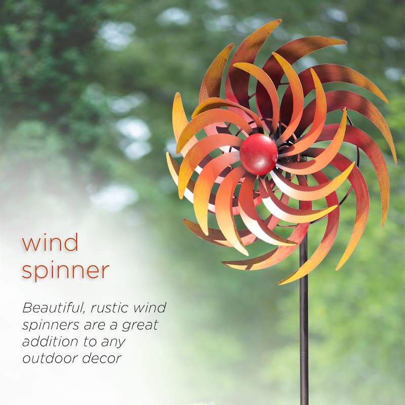 Alpine Corporation 75" Tall Outdoor Dual Metal Rustic Garden Kinetic Wind Spinner Stake, Red and Orange