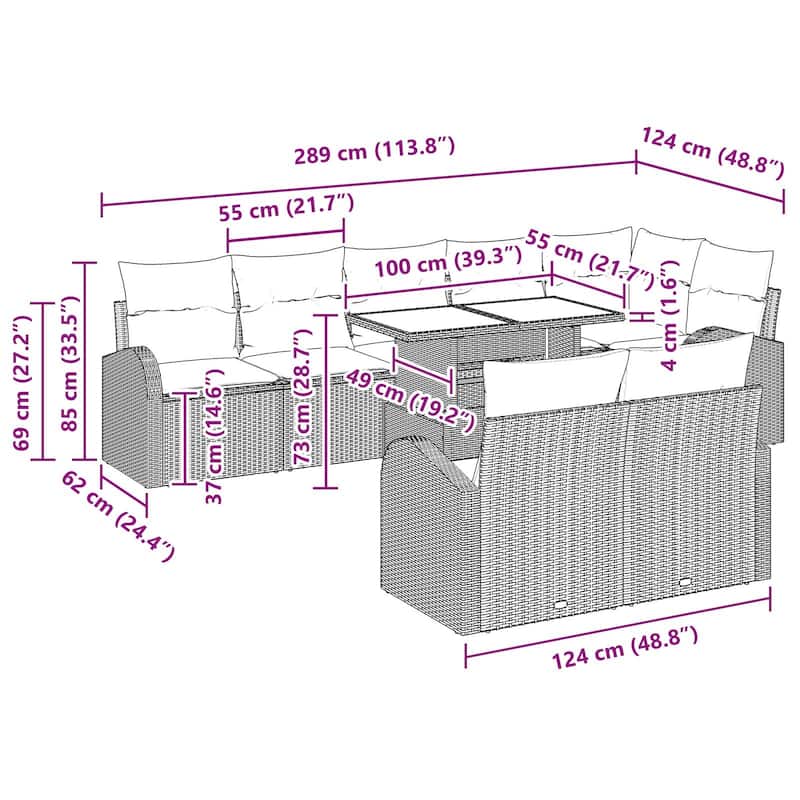 vidaXL 9 Garden Sofa Set with Cushions Black/Brown/Grey Poly Rattan - 113.8 x 48.8 x 27.2
