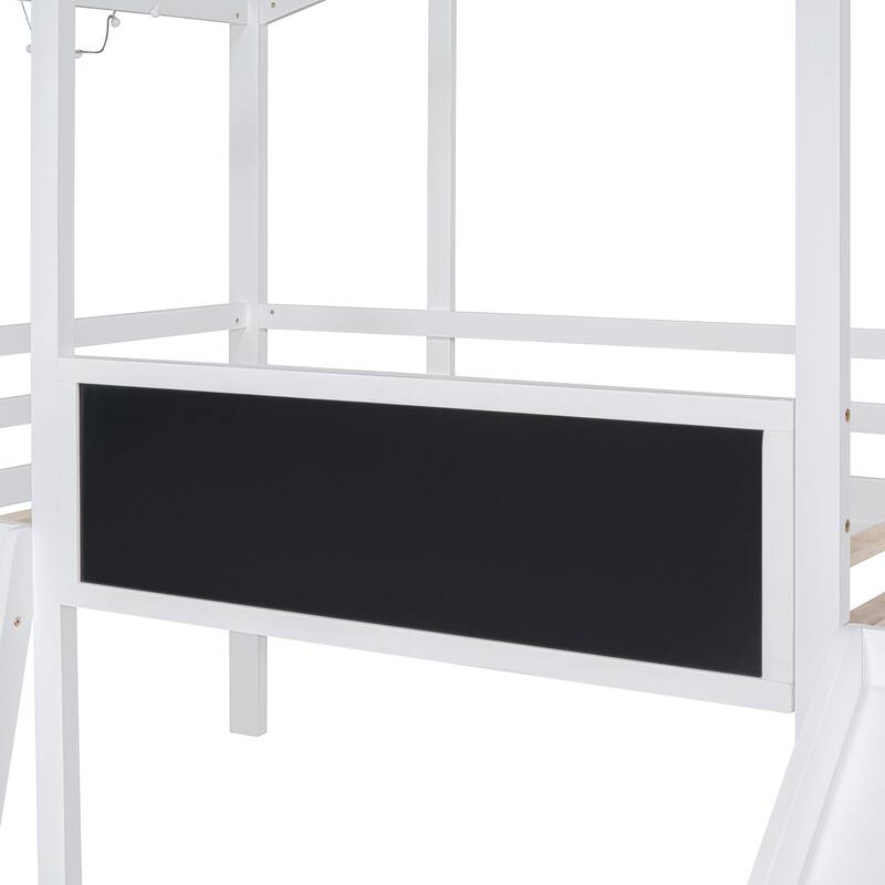 Twin Loft Bed with Slide, Ladder, Blackboard, and Light Strip, White and Gray