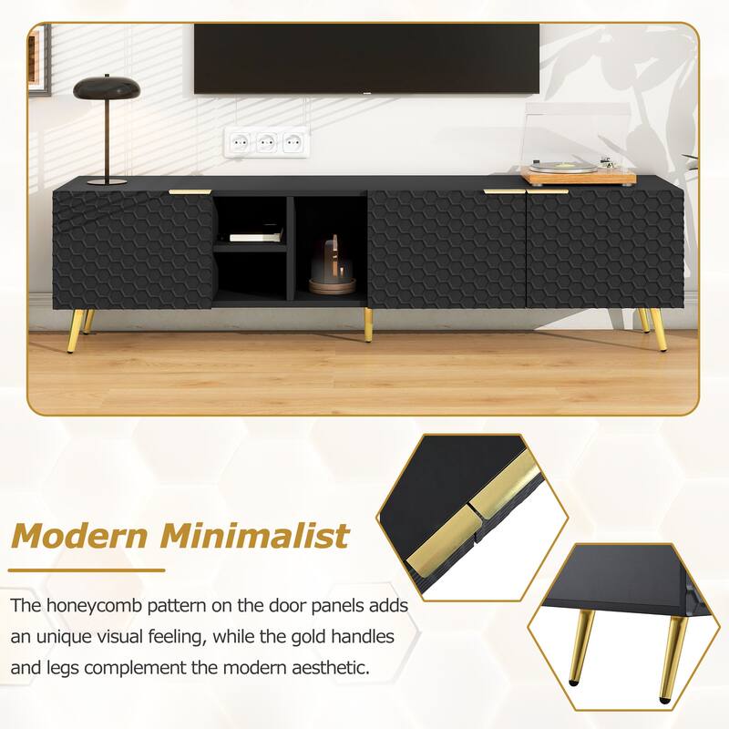 71" Minimalist TV Cabinet with Geometric Honeycomb Pattern - Gold Accents, Cable Management, Storage