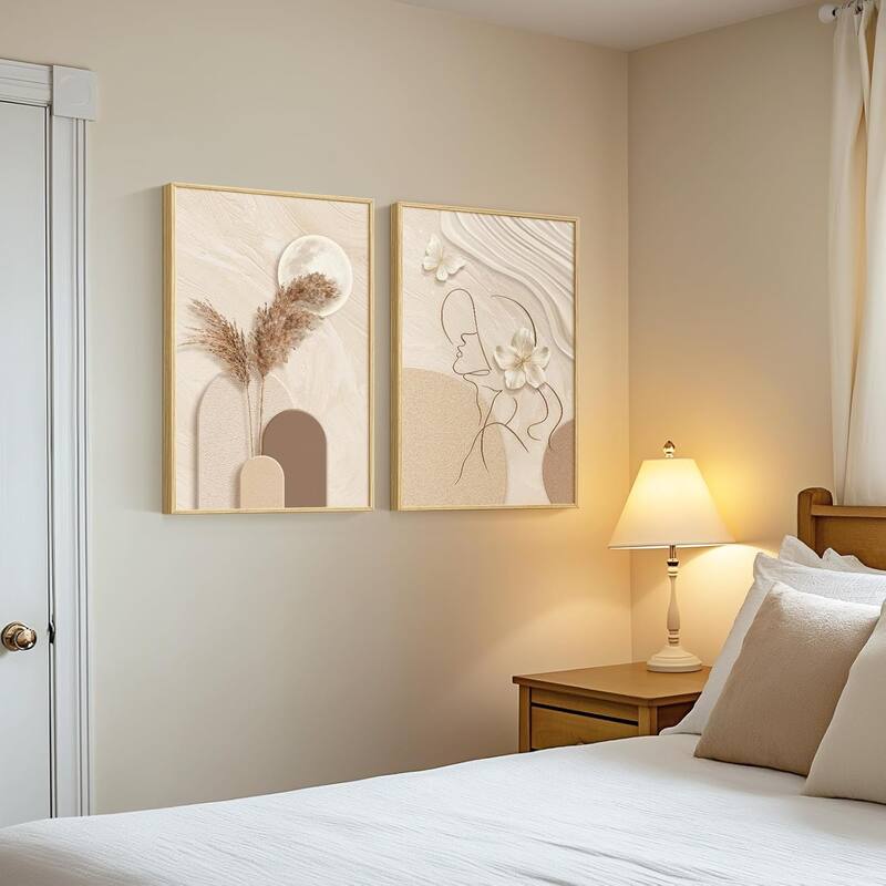 Set of 2 Tan and Cream Beige Canvas Prints Paintings Artwork