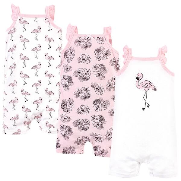 slide 1 of 1, Hudson Baby Infant Girl Cotton Rompers 3pk, Painted Flamingo 0 - 3 Months - Pink