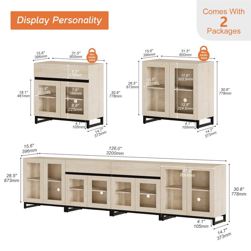 4 in 1 Multifunctional Sideboard Buffet with Glass Doors & 5 Drawers, Modern Credenza with Adjustable Shelf and Metal Base