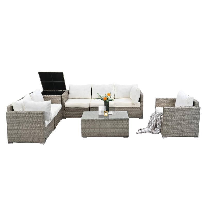 8-Pieces Wicker Outdoor Sectional Set with Glass Coffee Table and Cushions