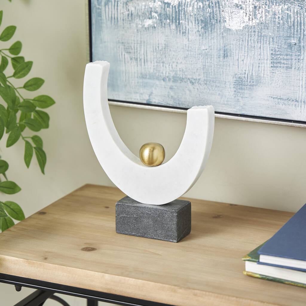 White Marble Curved Semicircle Abstract Decorative Sculpture with Gold Orb Accent and Black Block Base