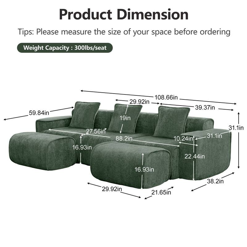 Streamlined Design Modular 3 Seat U Shape Boneless Velvet Fabric Sofa with 2 Movable Ottoman - 8' x 10'