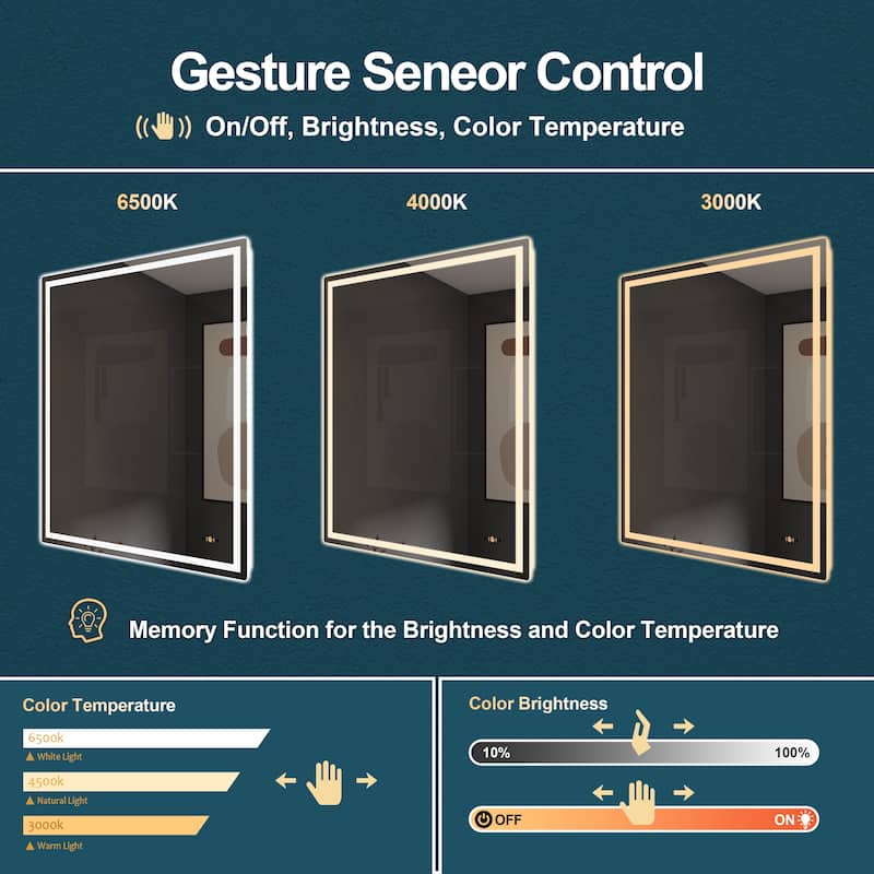CB HOME Gesture Control Smart LED Mirror Bathroom, Lighted Wall Mounted Mirror, Dimmable, Frameless,Three Color,Front&BackLit