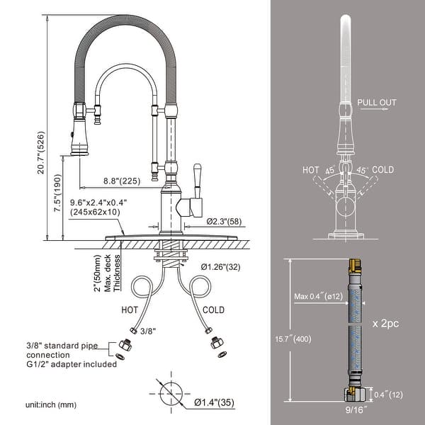 dimension image slide 5 of 12, WOWOW Single Handle Gooseneck Pull Down Sprayer Kitchen Faucet