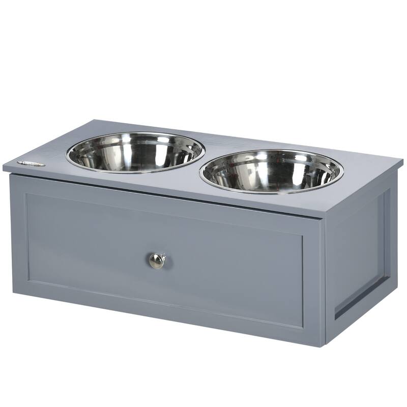 Elevated Dog Bowls, Raised Dog Bowl Stand with Storage, 2 Stainless Steel Bowls, Pet Feeding Station for Medium Dogs - Grey