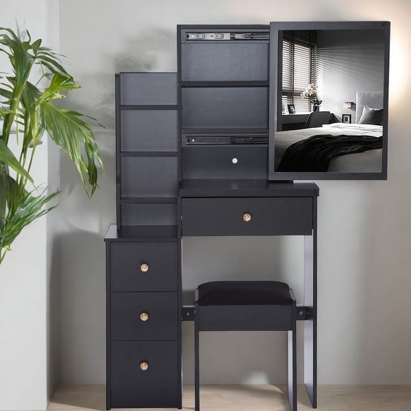 29.2''L" Small Vanity Table with Cushioned Stool, Sliding Mirror, Multi-Layer Storage, Compact Dresser for Small Spaces, Black - Bed Bath & Beyond - 42223578 29.2''L" Small Vanity Table with Cushioned Stool, Sliding Mirror, Multi-Layer Storage, Compact Dresser for Small Spaces, Black - Bed Bath & Beyond - 42223578