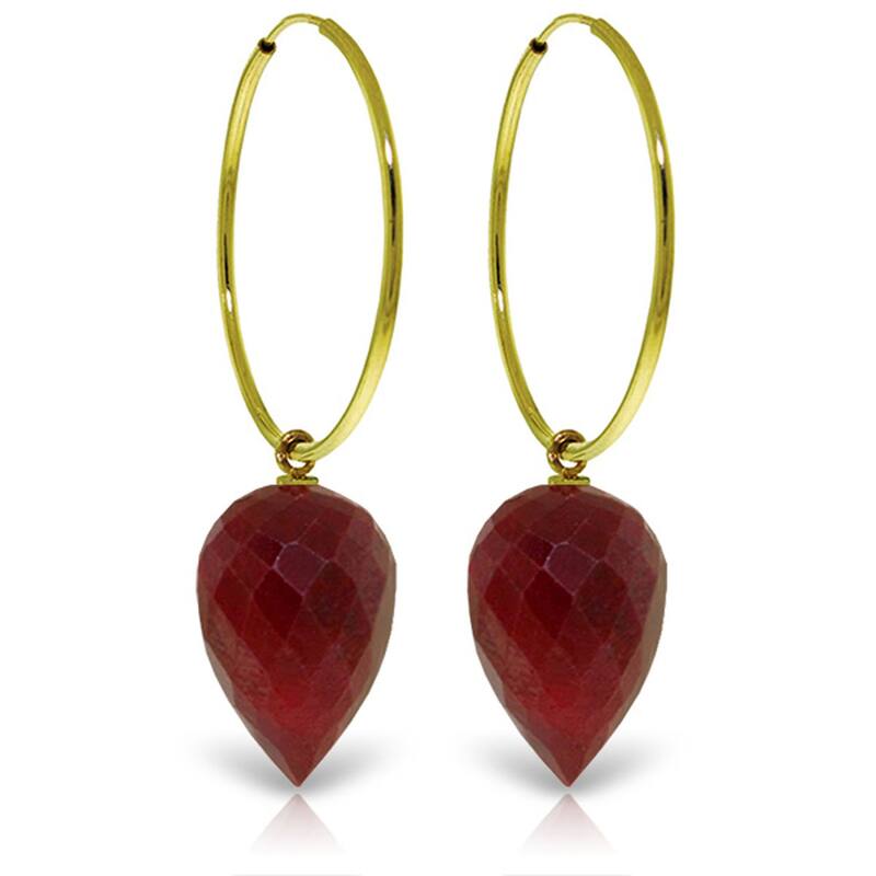 14K Solid Gold Hoop Earrings w/ Pointy Briolette Drop Dyed Rubies - Yellow