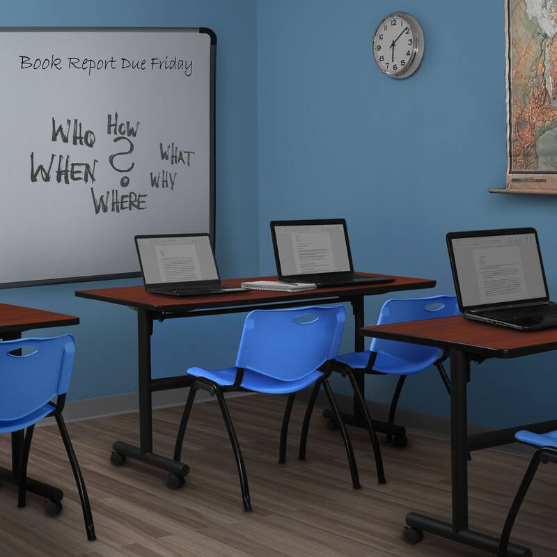 60" Flip Top Mobile Training Table- Cherry & 2 'M' Stack Chairs- Blue