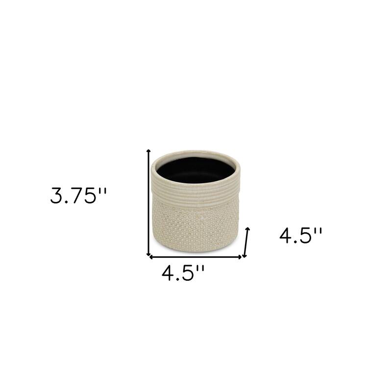 HomeRoots Off White Ceramic 25 Ounce Dotted Round Distressed Pot Planter - 4.50 in. x 3.75 in. x 4.50 in.