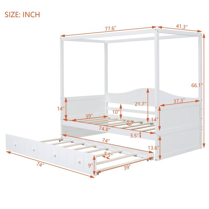 Twin Canopy Bed with Pull-Out Trundle, Elegant Wooden Daybed with Curtains Option, Ideal for Small Bedrooms, White/Grey
