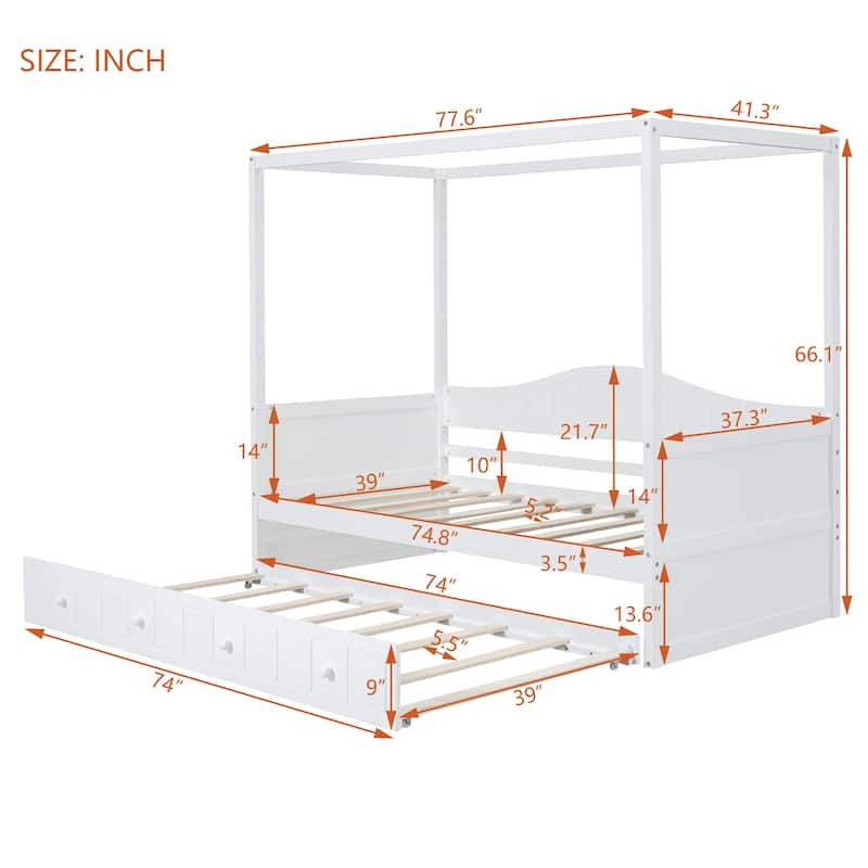 Twin Size Canopy Day Bed with Twin Size Trundle, White
