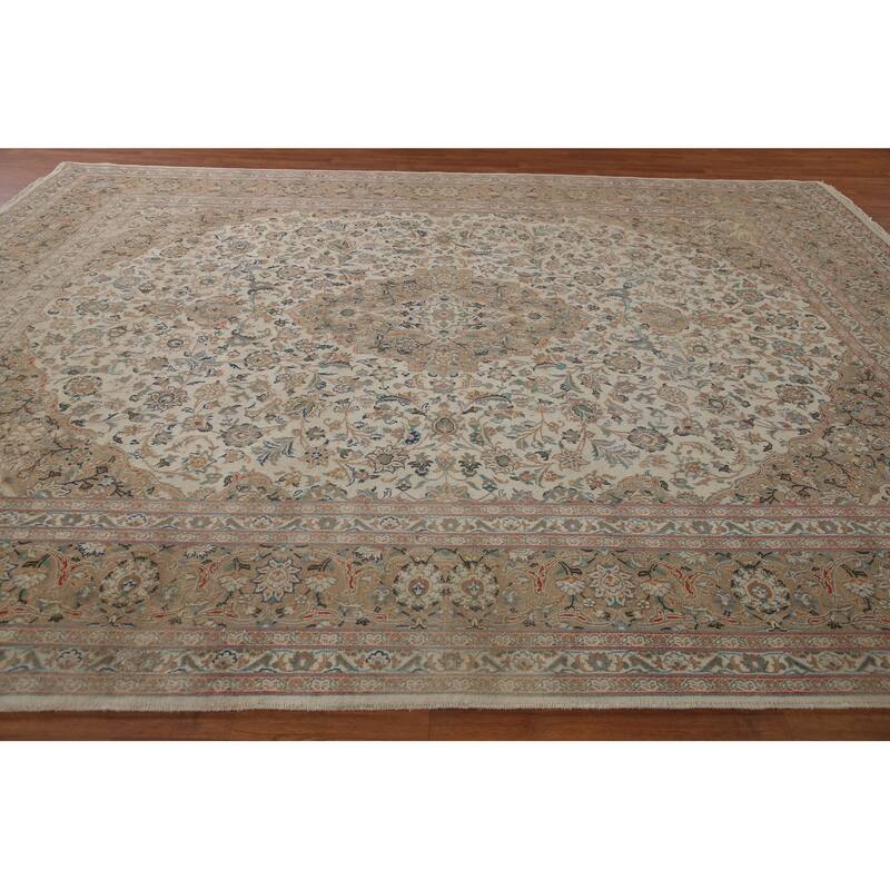 Hand Knotted Oriental 100% Wool Carpet Traditional Floral Beige & Ivories Kashan Area Rug - 12' 8'' X 9' 10''