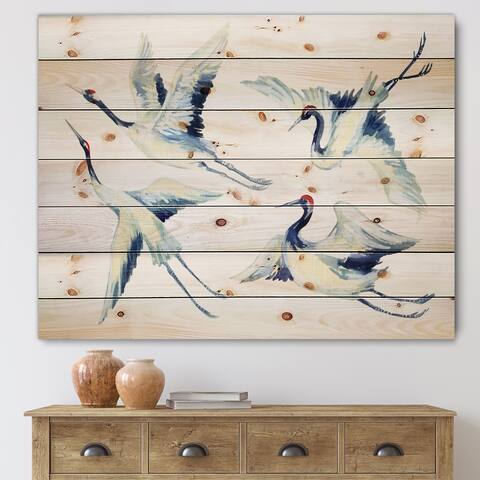 Designart 'Asian Crane Bird Impression' Traditional Print on Natural Pine Wood
