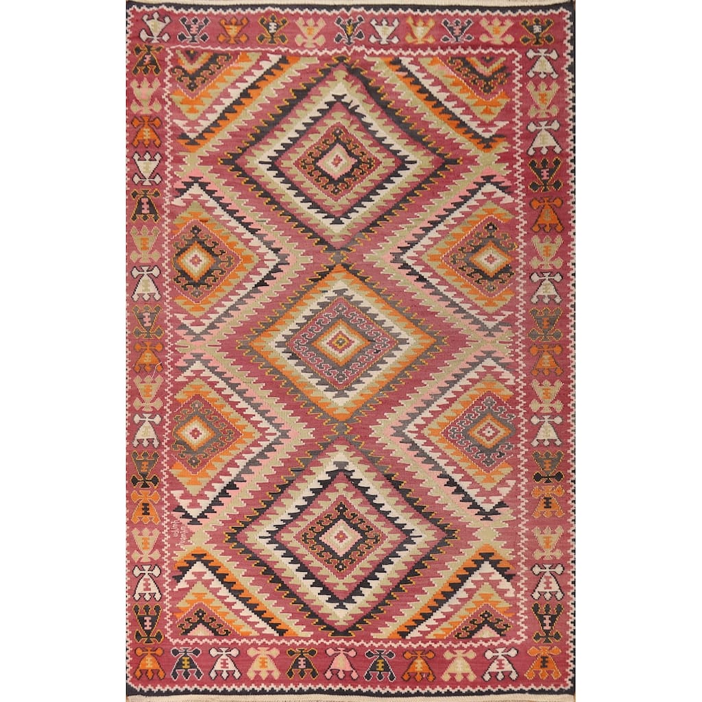 100% Pink Geometric Kilim Persian Vintage Area Rug Wool Carpet - 5'5"x 9'2"