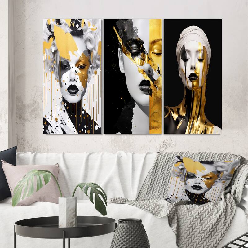 Designart "Glam Portrait Of Exquisite Young Woman Gold VI" Fashion Woman Gold - Gallery Wall Set Of 3 For Home Decor