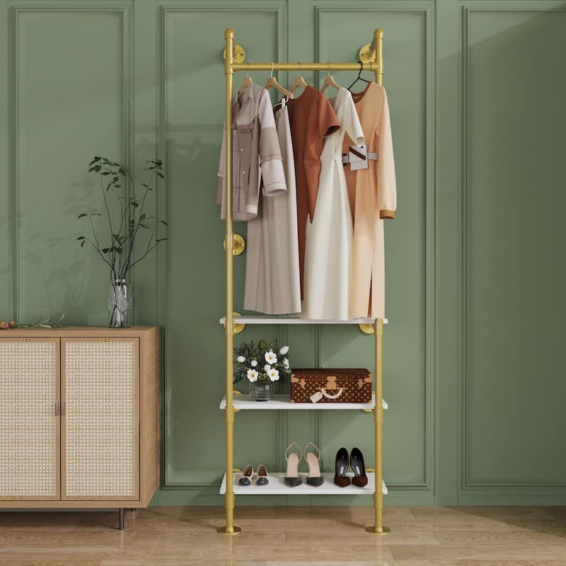 Industrial Pipe Clothes Rack Garment Stand for Walk-in Wardrobe with Shelves