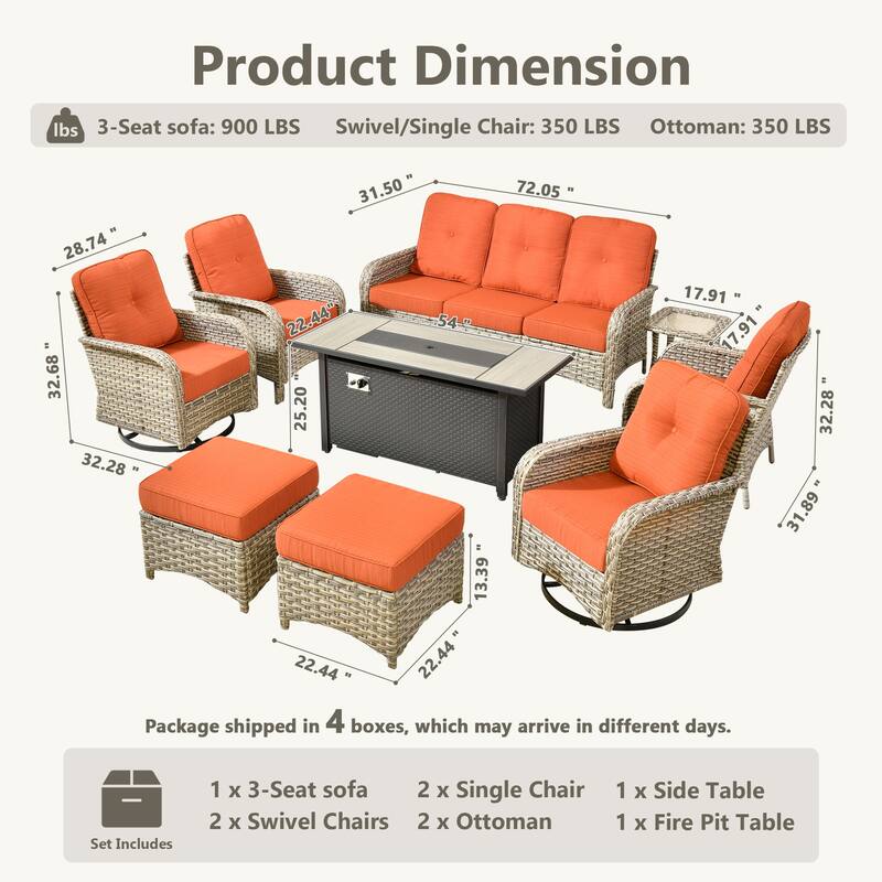 HOOOWOOO 9-piece Outdoor Wicker Patio Furniture Swivel Rocking Chair Set with Fire Pit