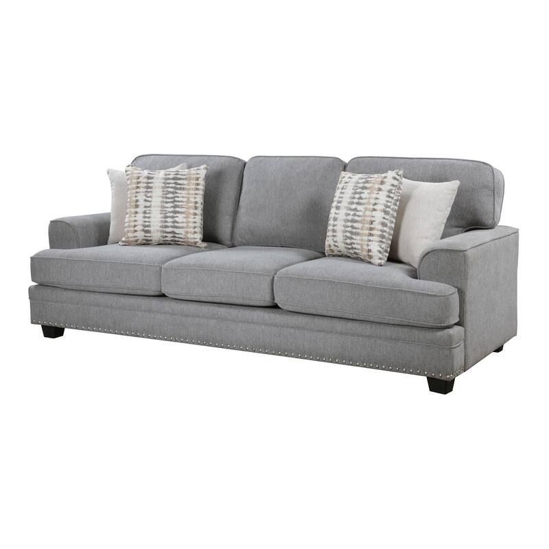 Brady Sofa with 4 Pillows, Gray Chenille, Nailhead Trim, 92 Inch