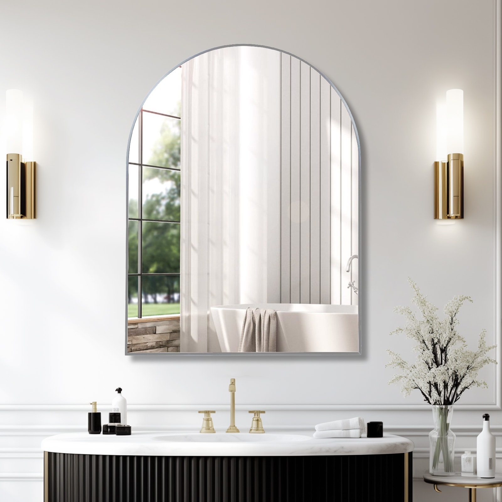 30x40 Inch Metal Framed Arched Bathrrom Mirror for Wall