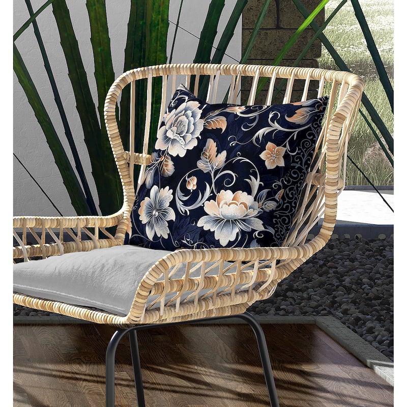 Curled Floral Vines Indoor/Outdoor Reversible Throw Pillow Blue and Peach