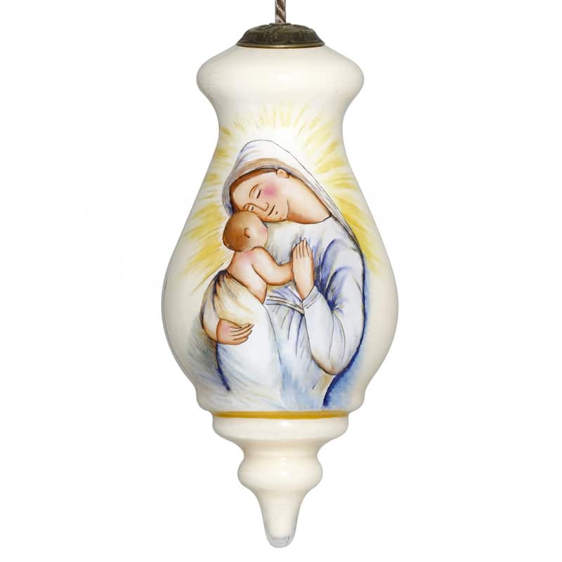 Mother Mary with Baby Hand Painted Mouth Blown Glass Ornament - 5" x 2.25" x 2.25"