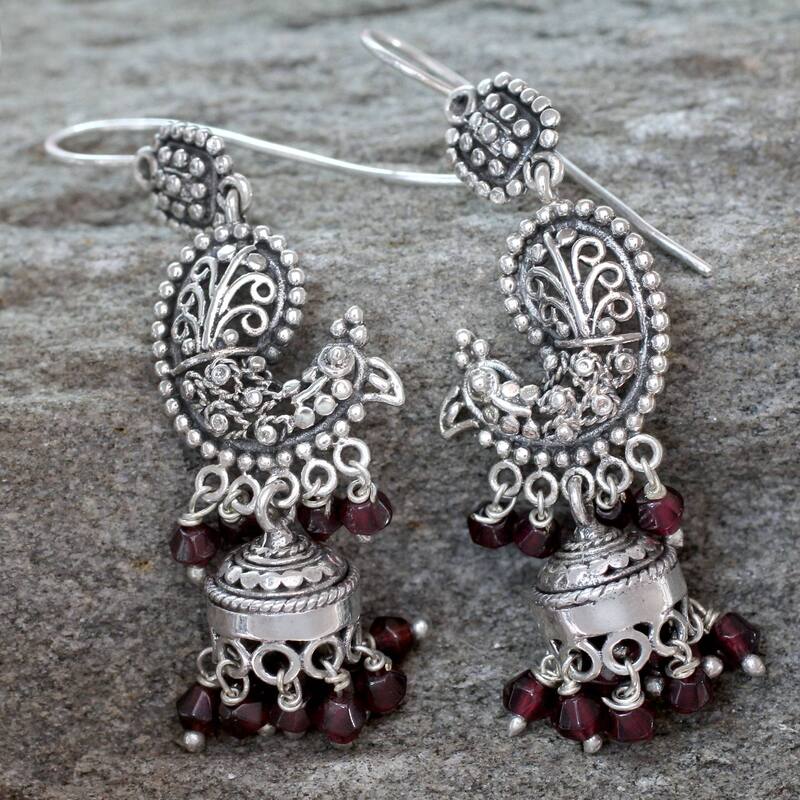 NOVICA Handmade Paisley Peacock Sterling Silver Garnet Earrings (India) - 8'3" x 11'