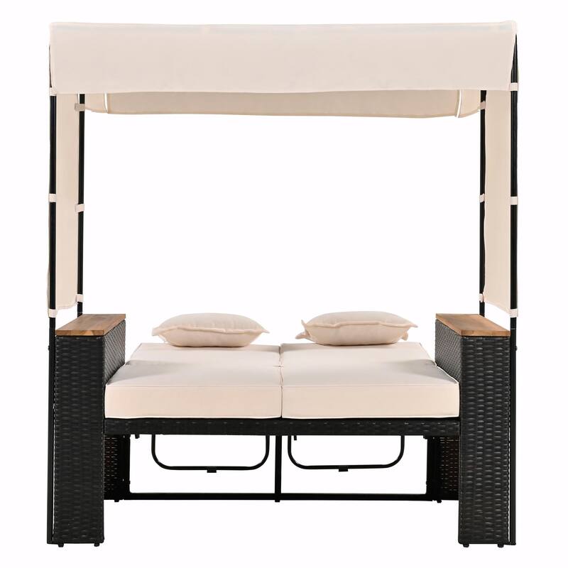 Outdoor Rattan Daybed Set - 5-Position Adjustable Loveseat with Roof and Cushions