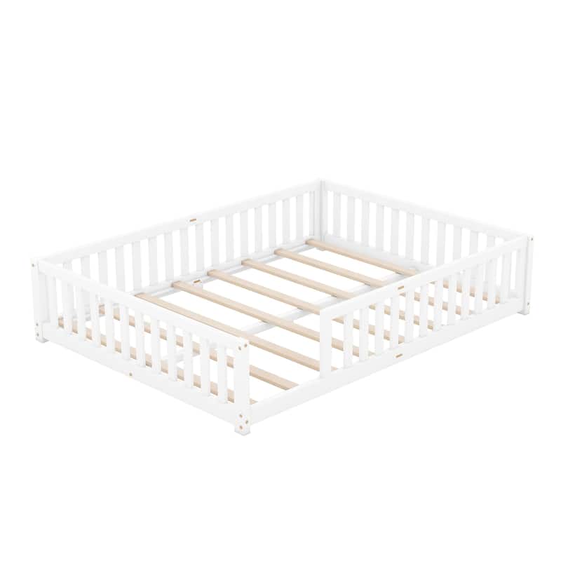 Queen Floor Bed for Kids, Montessori Bed Frame with Guardrails and Door