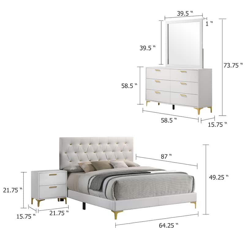 Dle 4 Piece Queen Bedroom Set, White Faux Leather, Modern Gold Accents