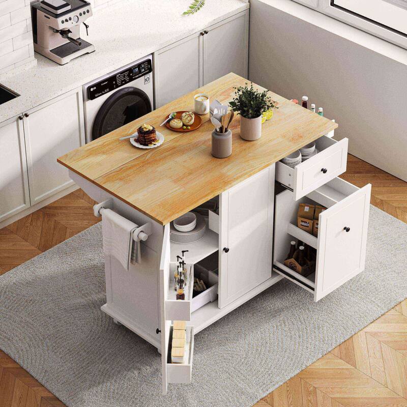 Mobile Kitchen Island with Drop Leaf, 53.9" Width, 3-Tier Pull-Out Cabinet Organizer, Spice & Towel Rack (Black)
