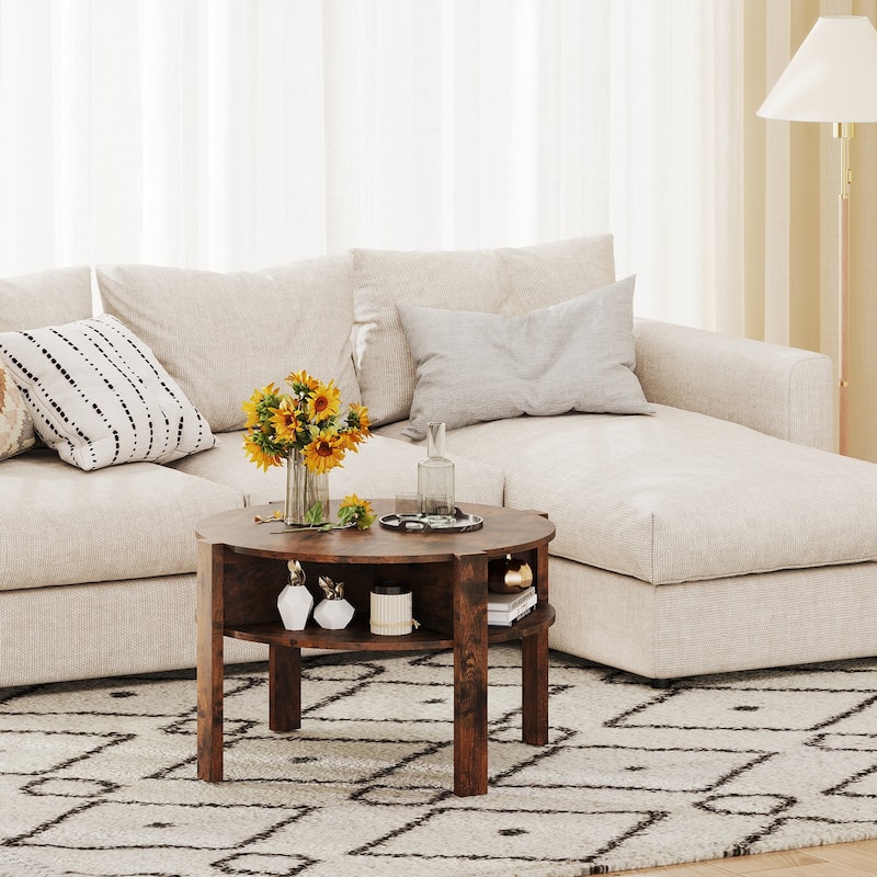 29.5 Inch Compact Round Coffee Table with Side Shelves and Wood Frame Perfect for Living Room Decor - 29.5" x 29.5" x 18"