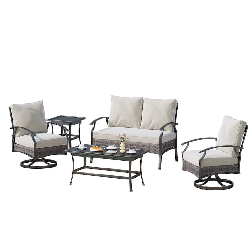 Patio PE Wicker Conversation Set with Swivel Chairs, Coffee & Side Table