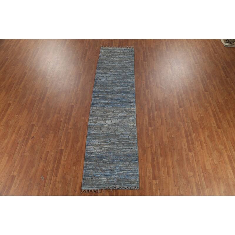 Striped Blue Trellis Moroccan Runner Rug Hand-Knotted Wool Carpet - 3'0"x 12'5"