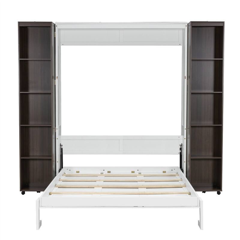 Queen Size Murphy Bed Wall Bed with Storage Doors, Foldable Space Saving Murphy Cabinet Bed with Storage Shelves