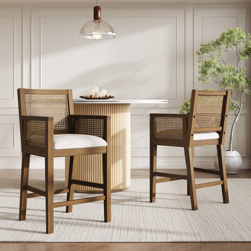 Christopher Knight Home - French Country Wood & Rattan Counter Stools with Upholstered Seat and Arms - Set of 2 - Brown