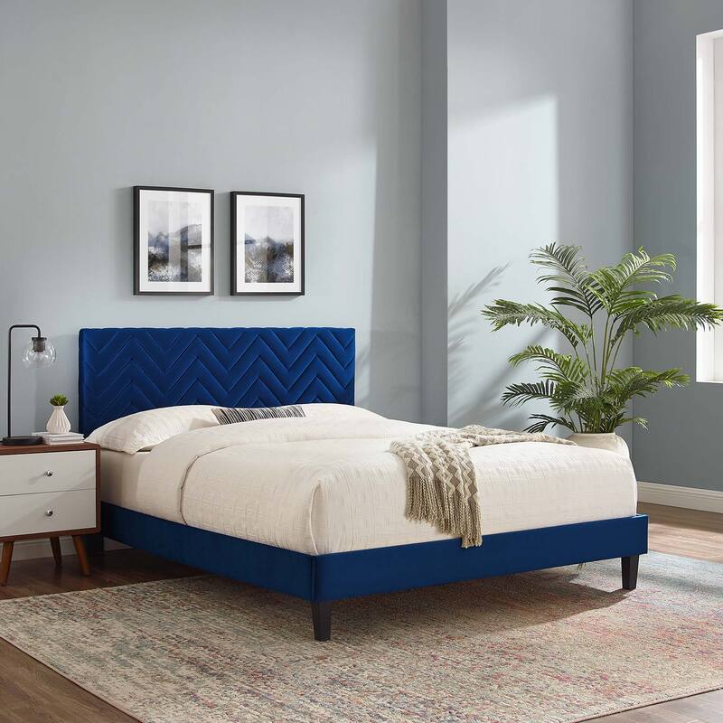 Leah Chevron Tufted Performance Velvet Full Platform Bed - Blue