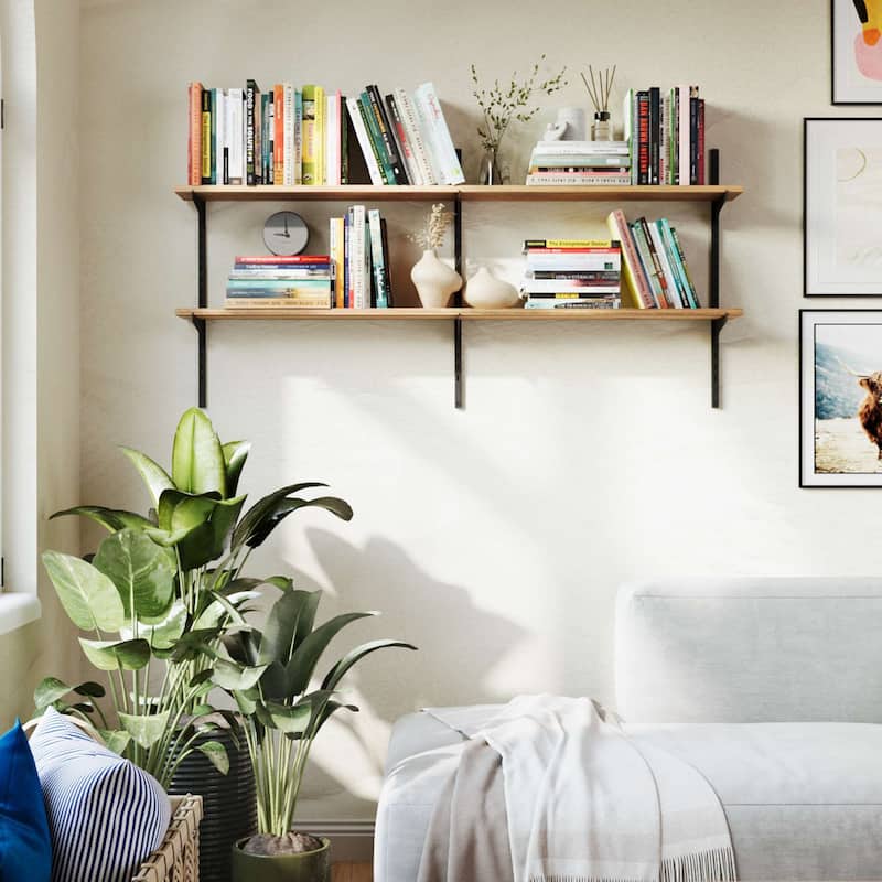 Wallniture Turin 48" Adjustable Shelves, Floating Bookshelves for Wall Decor, Real Wood Boards, Wall Mounted, 2,3 or 4 Tier - 2 Tier