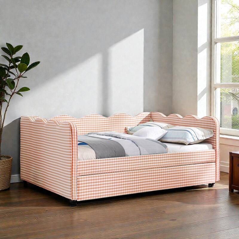 Full Size Gingham Daybed with Twin Trundle, Linen Sofa Bed with USB Port and Wave Shaped Design
