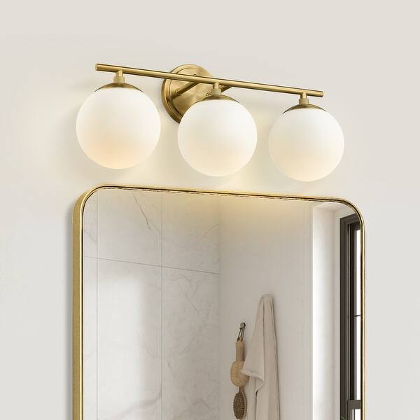 slide 2 of 11, 2/3 Light Bathroom Vanity Light with Opal Glass Shades in Gold Finish 3-Light