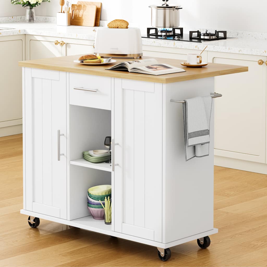 Rolling Kitchen Island Cart with Open Shelf & Drop Countertop - N/A