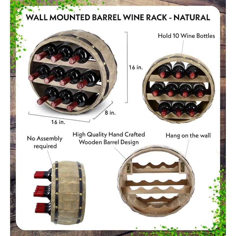 CoTa Global Barrell Wine Rack - Natural Wood Industrial Wall Mounted - 16″Lx16″Wx8″H